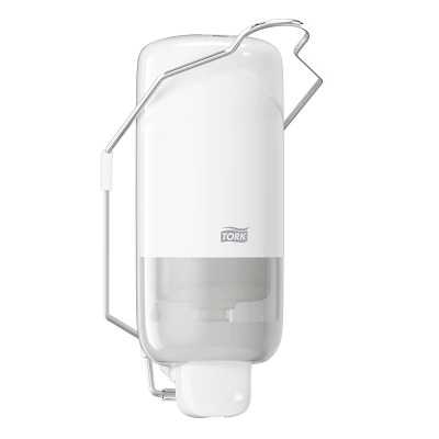 Distributeur levier coude pour savon liquide avec support arrière blanc 560101 Tork Issaid France