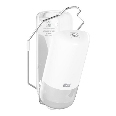 Distributeur levier coude pour savon liquide avec support arrière blanc 560101 ouvert Tork Issiad France
